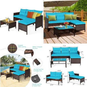 3-Piece Outdoor Rattan Sofa Set with Lounge Chaise and Loveseat Table for Garden, Poolside, Lawn, and Backyard