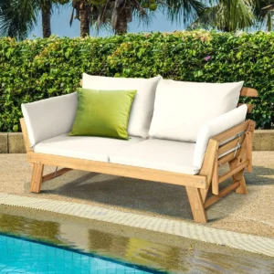 Convertible Acacia Wood Patio Couch Sofa Bed with Adjustable Armrest