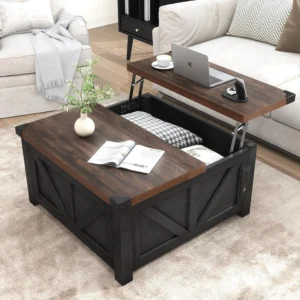 Wood Square Coffee Table with Storage & Charging Station - Large Hidden Space Center Table for Living Room, Bedroom, Customized